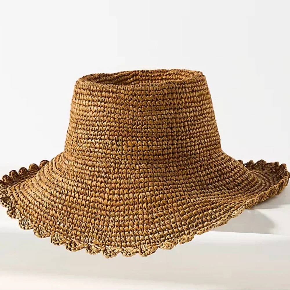 Anthropologie Wyatt Evelyn Boater Bucket Hat Honey Raffia One Size Travel New - Picture 8 of 8